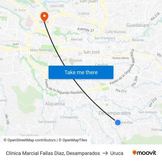 Clínica Marcial Fallas Díaz, Desamparados to Uruca map