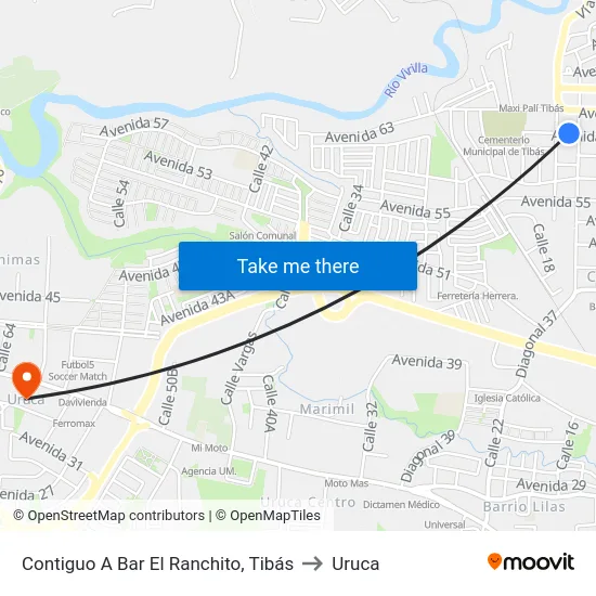 Contiguo A Bar El Ranchito, Tibás to Uruca map