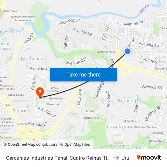 Cercanías Industrias Panal, Cuatro Reinas Tibás to Uruca map