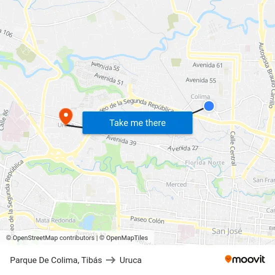 Parque De Colima, Tibás to Uruca map