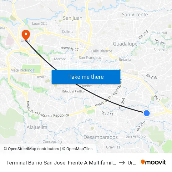 Terminal Barrio San José, Frente A Multifamiliares Curridabat to Uruca map