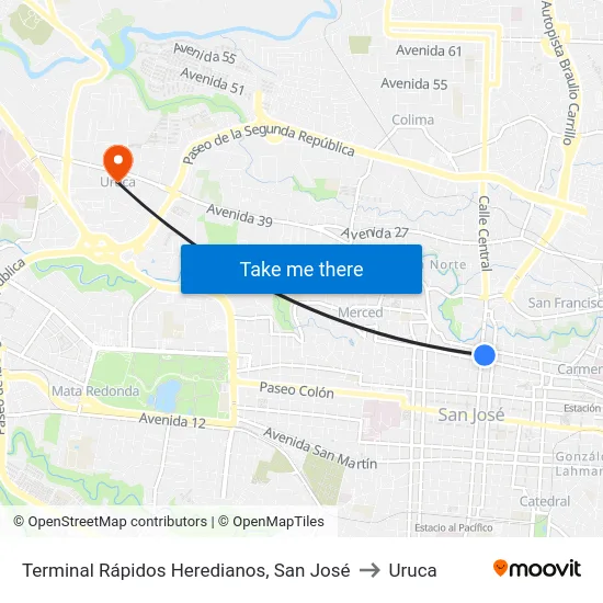 Terminal Rápidos Heredianos, San José to Uruca map