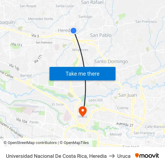 Universidad Nacional De Costa Rica, Heredia to Uruca map