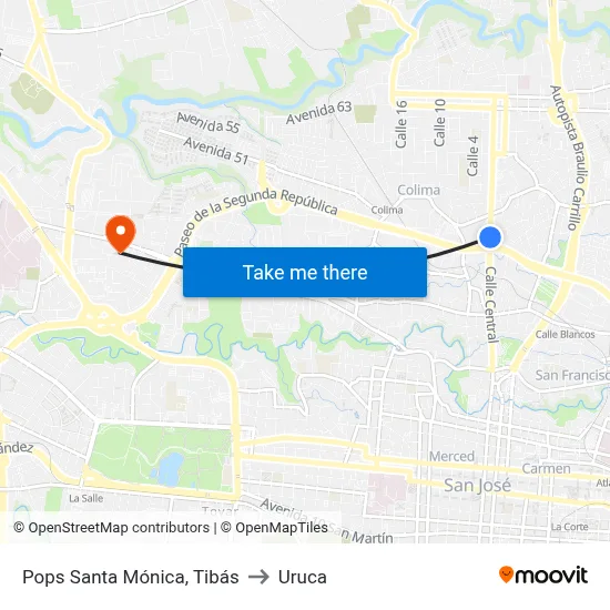 Pops Santa Mónica, Tibás to Uruca map