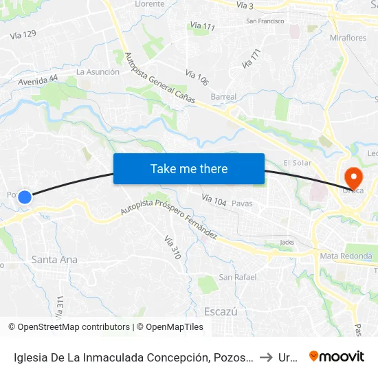 Iglesia De La Inmaculada Concepción, Pozos Santa Ana to Uruca map