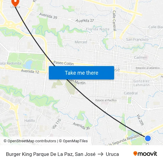 Burger King Parque De La Paz, San José to Uruca map