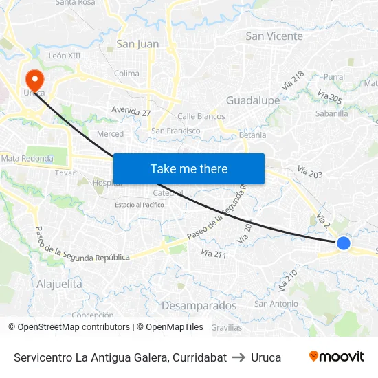 Servicentro La Antigua Galera, Curridabat to Uruca map