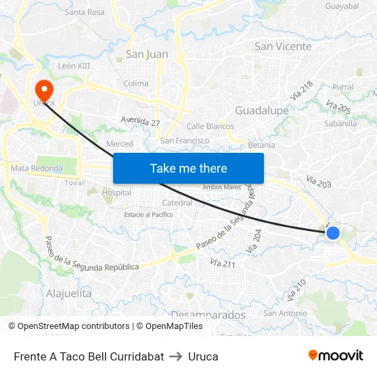 Frente A Taco Bell Curridabat to Uruca map