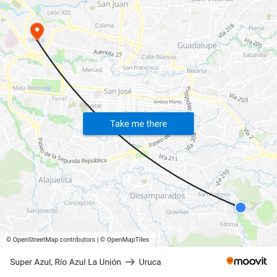 Super Azul, Río Azul La Unión to Uruca map