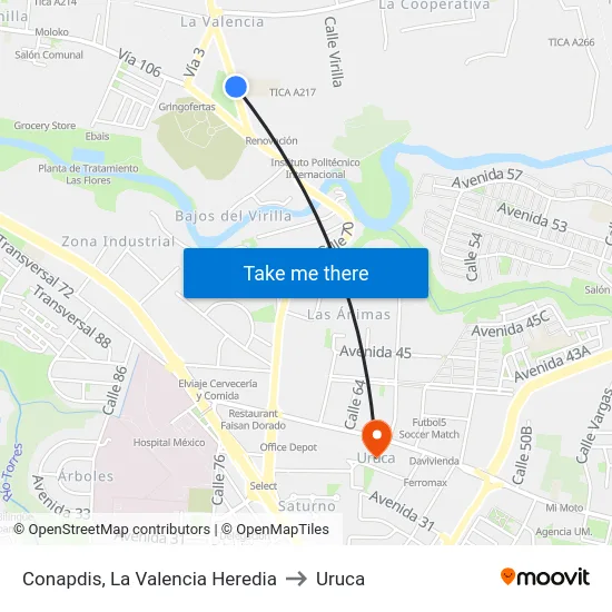 Conapdis, La Valencia Heredia to Uruca map