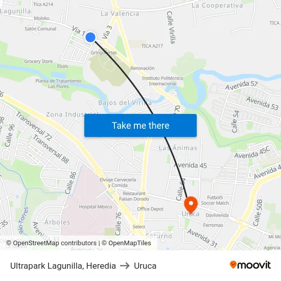 Ultrapark Lagunilla, Heredia to Uruca map