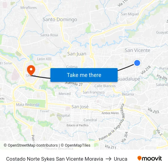 Frente A Megasúper, San Vicente Moravia to Uruca map