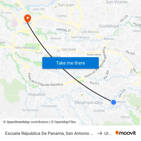 Escuela Républica De Panamá, San Antonio Desamparados to Uruca map