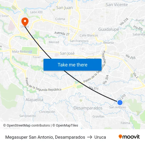 Megasuper San Antonio, Desamparados to Uruca map