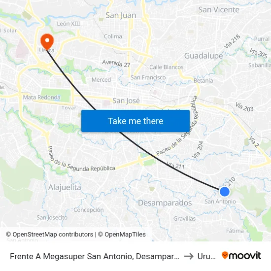 Frente A Megasuper San Antonio, Desamparados to Uruca map