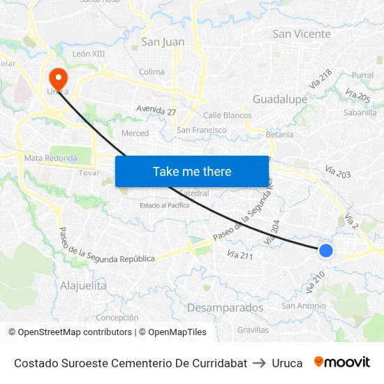 Costado Suroeste Cementerio De Curridabat to Uruca map