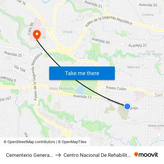 Cementerio General, San Bosco San José to Centro Nacional De Rehabilitación Dr. Humberto Araya Rojas map