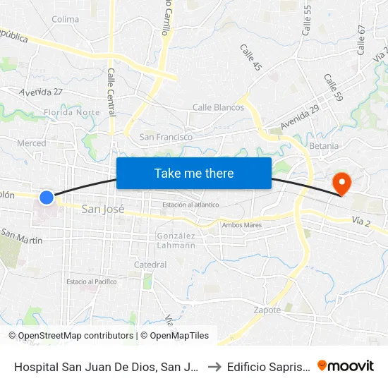 Hospital San Juan De Dios, San José to Edificio Saprissa map