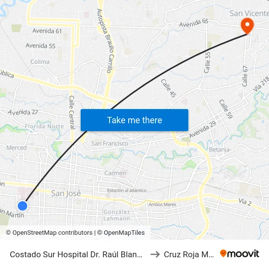 Costado Sur Hospital Dr. Raúl Blanco Cervantes to Cruz Roja Moravia map