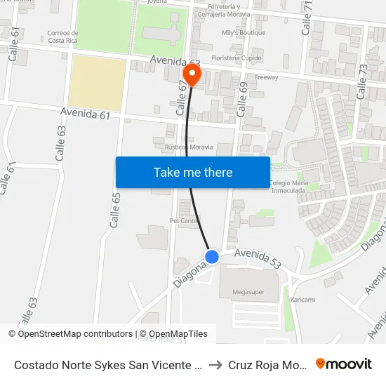Frente A Megasúper, San Vicente Moravia to Cruz Roja Moravia map