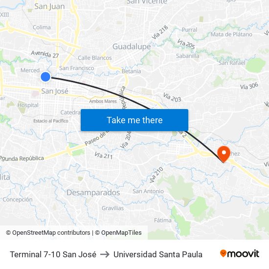 Terminal 7-10 San José to Universidad Santa Paula map