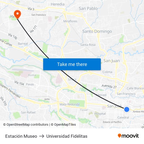Estación Museo to Universidad Fidélitas map