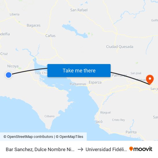 Bar Sanchez, Dulce Nombre Nicoya to Universidad Fidélitas map