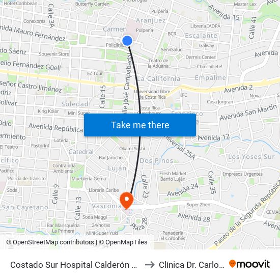 Costado Sur Hospital Calderón Guardia, Aranjuez San José to Clínica Dr. Carlos Durán Cartín map