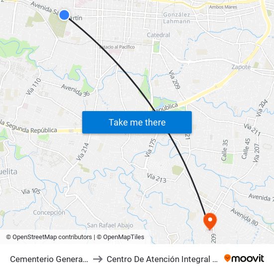 Cementerio General, San Bosco San José to Centro De Atención Integral En Salud Dr. Marcial Fallas Díaz map