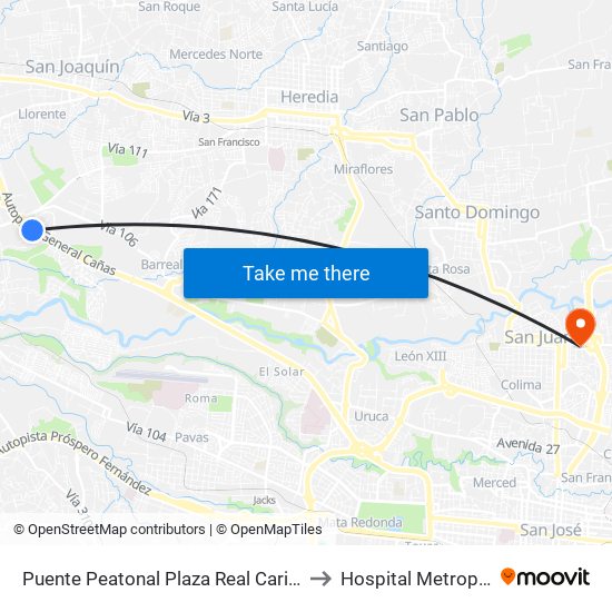 Puente Peatonal Plaza Real Cariari, Heredia to Hospital Metropolitano map