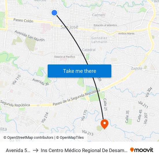 Avenida 5, 12 to Ins Centro Médico Regional De Desamparados map
