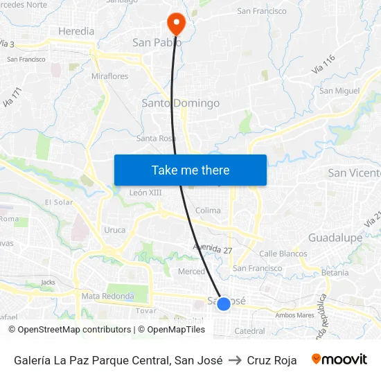 En Esquina Del Parque Central Diagonal A Kfc, San José to Cruz Roja map