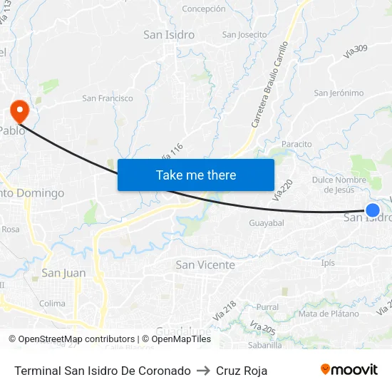 Terminal San Isidro De Coronado to Cruz Roja map