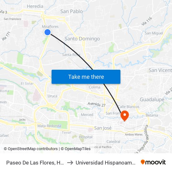 Paseo De Las Flores, Heredia to Universidad Hispanoamericana map