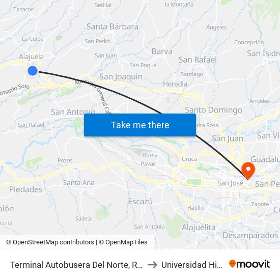 Terminal Autobusera Del Norte, Radial Francisco J. Orlich Alajuela to Universidad Hispanoamericana map