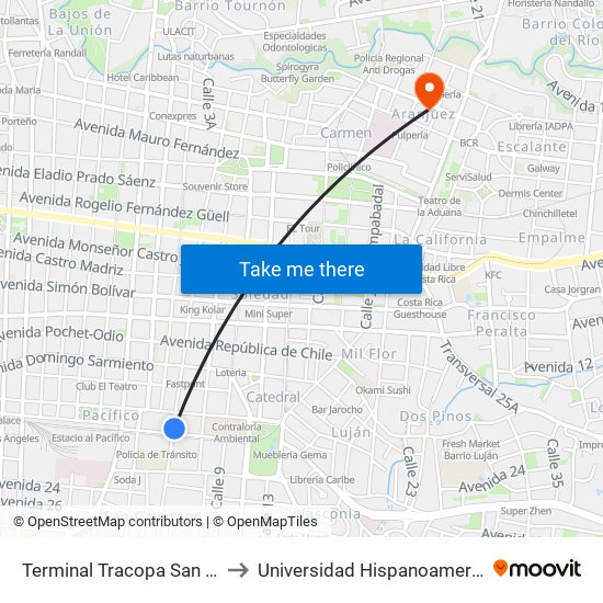 Terminal Tracopa San José to Universidad Hispanoamericana map