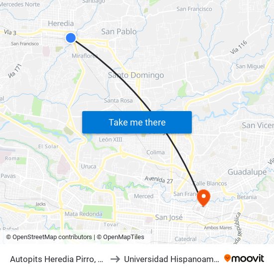 Autopits Heredia Pirro, Heredia to Universidad Hispanoamericana map