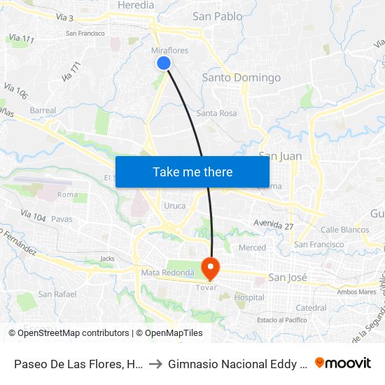 Paseo De Las Flores, Heredia to Gimnasio Nacional Eddy Cortés map