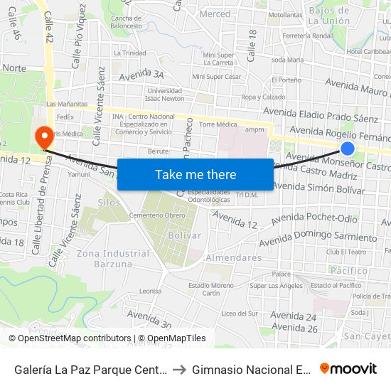 Galería La Paz Parque Central, San José to Gimnasio Nacional Eddy Cortés map