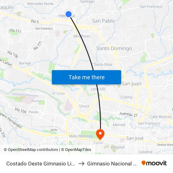 Costado Oeste Gimnasio Liceo De Heredia to Gimnasio Nacional Eddy Cortés map