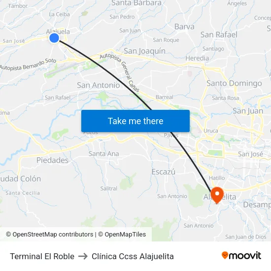 Terminal El Roble to Clínica Ccss Alajuelita map
