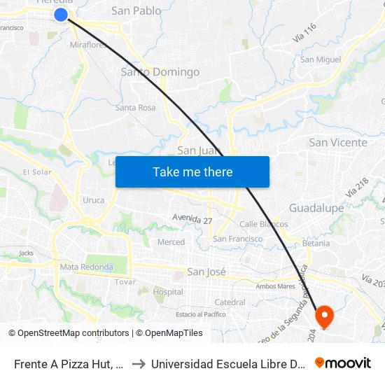 Frente A Pizza Hut, Heredia to Universidad Escuela Libre De Derecho map