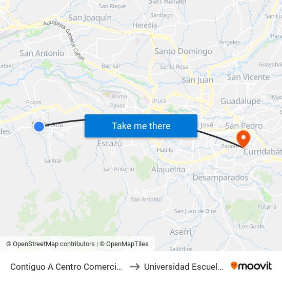 Contiguo A Centro Comercial Santa Ana Town Center to Universidad Escuela Libre De Derecho map