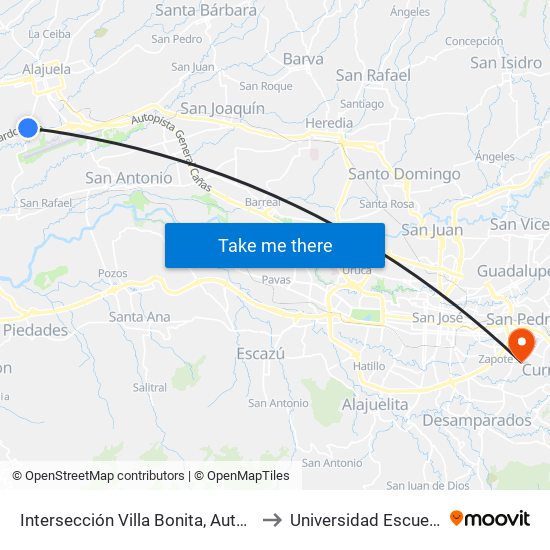 Intersección Villa Bonita, Autopista Bernardo Soto Alajuela to Universidad Escuela Libre De Derecho map