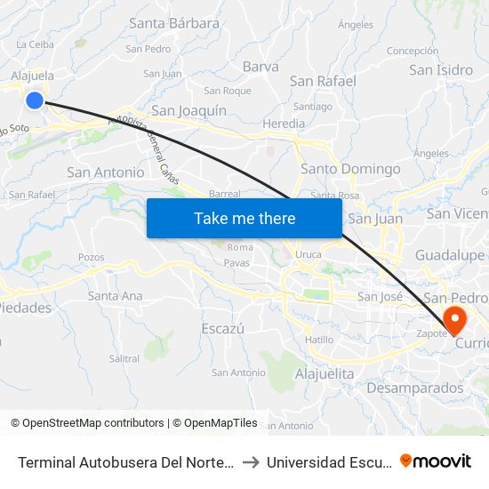 Terminal Autobusera Del Norte, Radial Francisco J. Orlich Alajuela to Universidad Escuela Libre De Derecho map