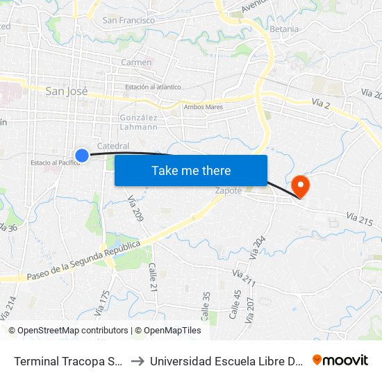 Terminal Tracopa San José to Universidad Escuela Libre De Derecho map