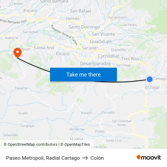 Paseo Metropoli, Radial Cartago to Colón map