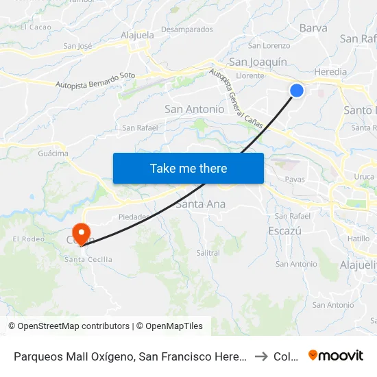 Parqueos Mall Oxígeno, San Francisco Heredia to Colón map