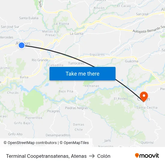 Terminal Coopetransatenas, Atenas to Colón map