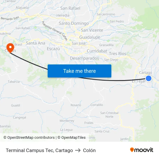 Terminal Campus Tec, Cartago to Colón map